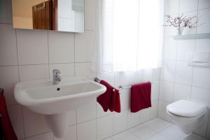 a white bathroom with a sink and a toilet at Idyll am Weinberg in Rhodt unter Rietburg
