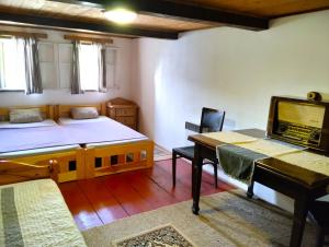 a room with a bed and a desk and a table at Penzion U kozy in Chřibská