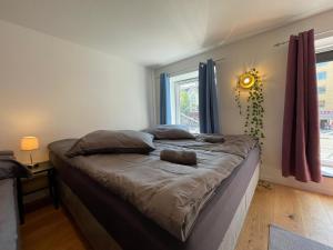una camera da letto con letto, cuscini e finestra di Reeperbahn Apartments ad Amburgo