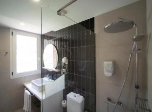 a bathroom with a shower and a toilet and a sink at Hotel Roc Meler in Canillo