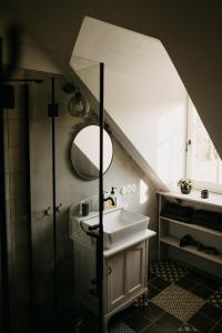 a bathroom with a sink and a mirror at Jūras māja Ausekļi in Kaltene