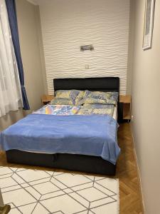鮑洛通塞邁什的住宿－Szemes Villa，卧室内的一张蓝色棉被