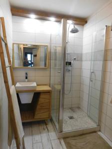 a bathroom with a shower and a sink at Chaleureuse Maison de pays Serre Chevalier4étoiles in Le Monêtier-les-Bains +11 photos