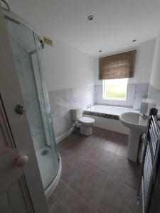 a bathroom with a shower and a toilet and a sink at 2 bedroom house - Hopefield Road in Leicester