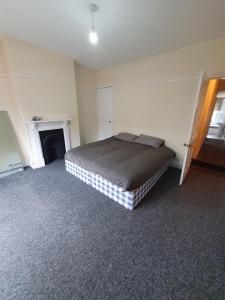 a bedroom with a bed in a room with a fireplace at 2 bedroom house - Hopefield Road in Leicester