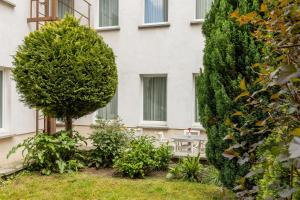 un jardín frente a un edificio con un árbol en Hotel Annet garni, en Meerane