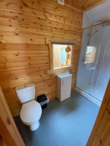 a bathroom with a white toilet in a wooden room at The Plough and Harrow Tilmanstone in Deal