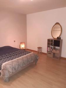 a bedroom with a bed and a mirror and a table at Spacieux logement idéalement situé in Saint Avre la Chambre
