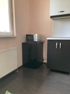 Una cocina con un microondas encima de un armario. en dirsi, en Tiflis