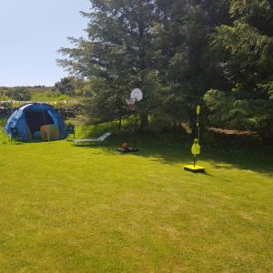 una tienda azul y un aro de baloncesto en un campo en Mountain View en Caernarfon