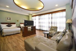 Paragon Hotel and Suites في باغيو: غرفة معيشة بها أريكة وتلفزيون
