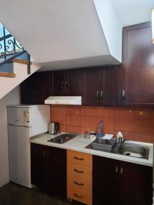 eine Küche mit Holzschränken, einer Spüle und einem Kühlschrank in der Unterkunft Apartman Aleksa in Bela Crkva