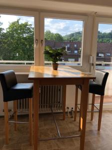 a dining room table with two chairs and a potted plant at Ferienwohnung am Grütt in Lörrach