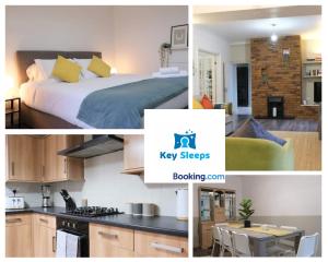 uma colagem de fotos de um quarto e uma cozinha em Spacious Modern House At Keysleeps Short Lets Northampton With Free Parking Garden 