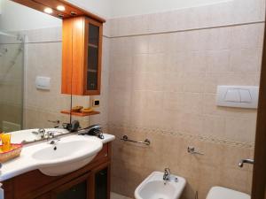 a bathroom with a sink and a mirror and a toilet at Boat dreams , garden relax in Matino