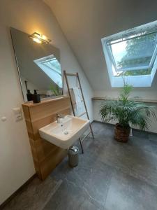 y baño con lavabo y espejo. en Tolles Gästehaus an der Wurzel, en Hürtgenwald
