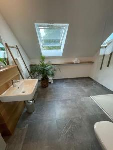 baño con lavabo y aseo y ventana en Tolles Gästehaus an der Wurzel, en Hürtgenwald