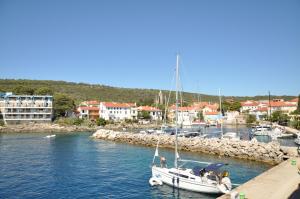 a boat is docked in the water near a harbor at Jungle & Sea Boxavia in Božava +9 photos