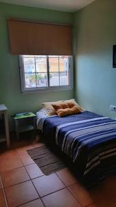 Bett in einem Zimmer mit Fenster in der Unterkunft Casa Nea in El Rosario