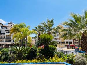 un complejo con palmeras y piscina en Marina 4 apartment en Huelva