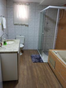 a bathroom with a shower and a sink and a toilet at Gastaldon Suite in Chapecó