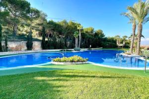 uma grande piscina azul com palmeiras e relva em 12-Apartamento en la playa Piscina em Alicante
