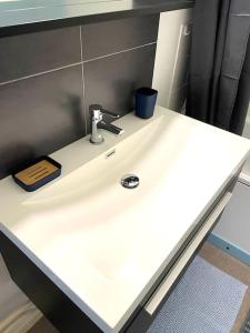 a white bathroom sink with a phone on it at Studio au pied du Vercors in Saint-Jean-en-Royans