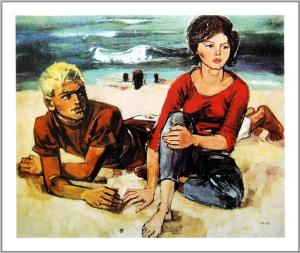 una pintura de dos personas sentadas en la playa en DDR Klappfix "FAMILIENPALAST" direkt am Strand, en Dranske