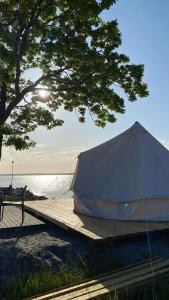 Drottningskär的住宿－Aspö Glamping，湖畔码头上的帐篷