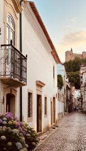 a cobblestone street with white buildings and flowers at ESTÚDIO 81 junto à Sinagoga in Tomar