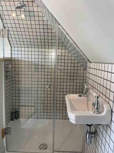 a bathroom with a shower and a sink at The Stable Loft. NEC, Airport in Fillongley