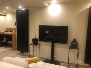 sala de estar con TV de pantalla plana grande en la pared en Tournez La Page, en Erquelinnes