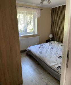 - une chambre avec un lit et une fenêtre dans l'établissement Dom nad jeziorem, à Lubkowo