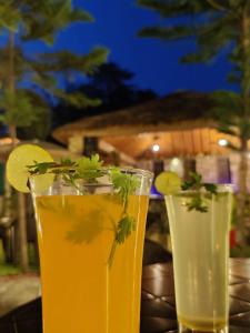 duas bebidas sentadas em cima de uma mesa em The Corbett Jungle By JitaInn em Rāmnagar