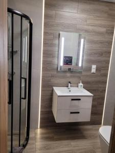 een badkamer met een witte wastafel en een spiegel bij Apartament Słowińców 35 in Wejherowo
