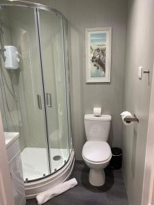 a bathroom with a shower and a white toilet at Marina Studio in Irvine