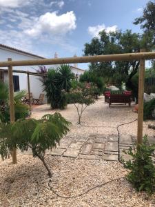 un jardín con pérgola de madera y algunas plantas en Quinta das Amendoeiras B&B, en Nora