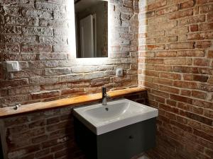 a bathroom with a sink and a brick wall at Grosse-Schwalbe in Kabelhorst