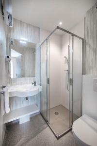 La salle de bains est pourvue d'une douche, d'un lavabo et de toilettes. dans l'établissement L'HÔTEL DES BAINS - Salles-la-Source, à Salles-la-Source