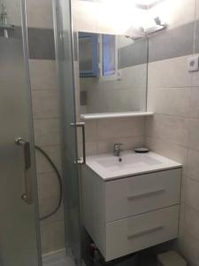uma casa de banho com um lavatório e um chuveiro com um espelho. em L'Oustau L'Eucalyptus em Mouriès