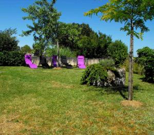 een park met roze stoelen in het gras bij Gîte La Veyrie in Cazals