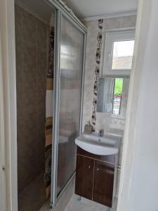 a bathroom with a sink and a shower at Casa Elvina in Dubova +33 photos