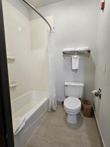 a bathroom with a white tub and a toilet and a sink at Quality Inn & Suites Irving DFW Airport South in Irving