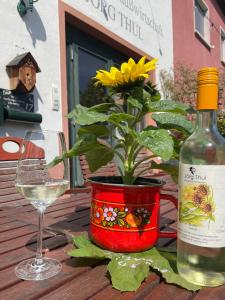 uma garrafa de vinho e uma planta em vasos sobre uma mesa em Weingut und Gästezimmer Jörg Thul em Detzem