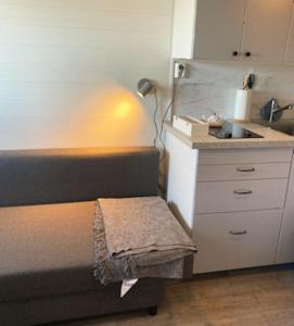a bedroom with a bed with a lamp and a sink at Boat house with direct connection to the sea in Umeå