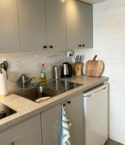 a kitchen with a sink and a counter top at Boat house with direct connection to the sea in Umeå