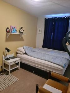 - une chambre avec un lit et une table avec une lampe dans l'établissement Charming apartment, à Reykjavik