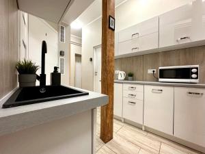 a kitchen with a sink and a microwave at MMRent One Way Room in Gdańsk