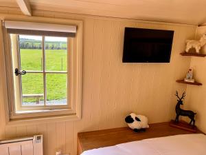 a bedroom with a bed and a window and a television at Shepherds Retreat Anglesey in Llanerchymedd