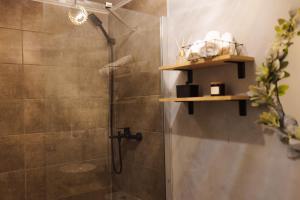 a bathroom with a shower with a glass door at Tiny Heaven Cabin in Călimăneşti